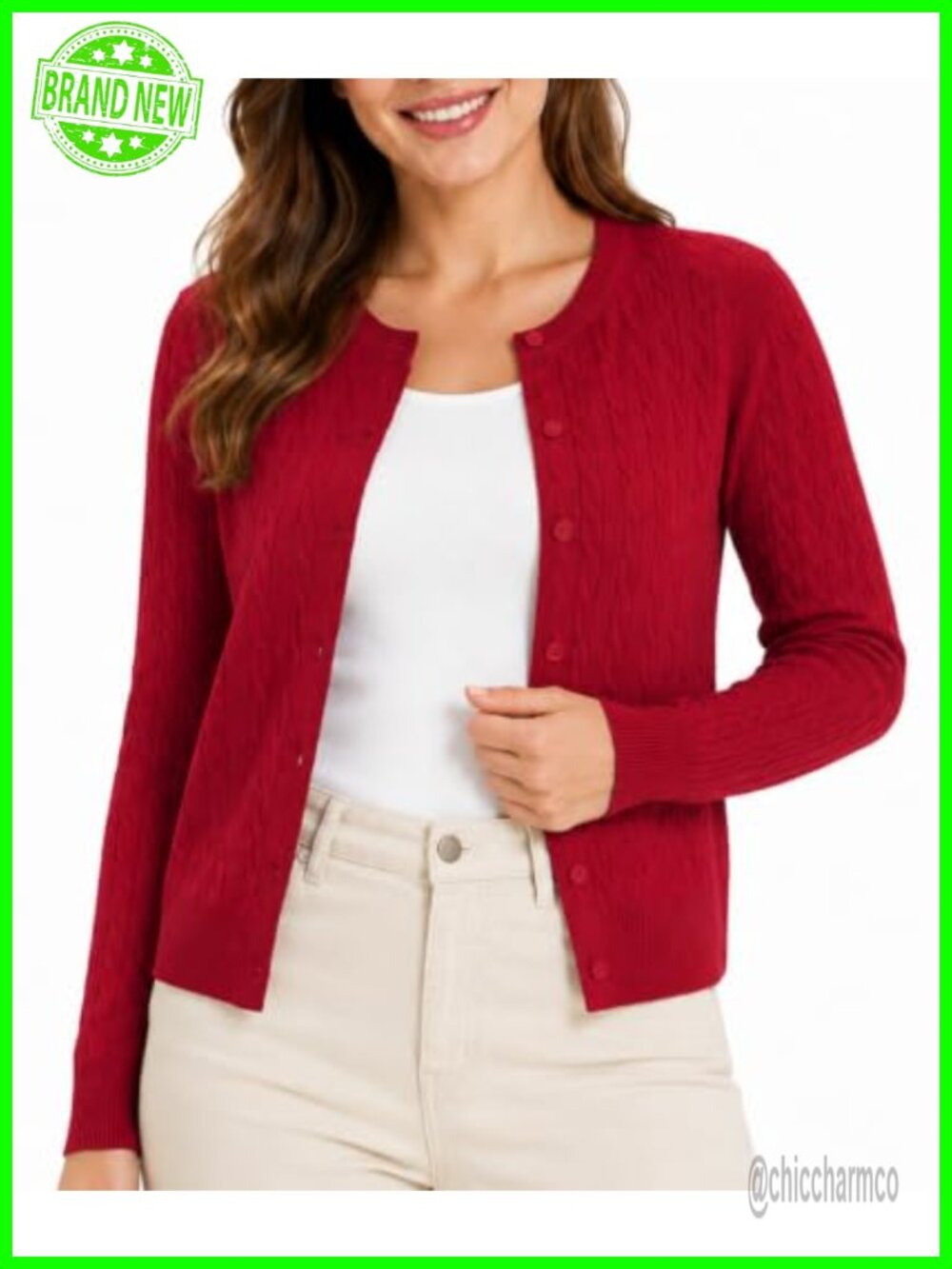 Women's Cable Knit Cardigan Crewneck Button Down Long Sleeve Sweater